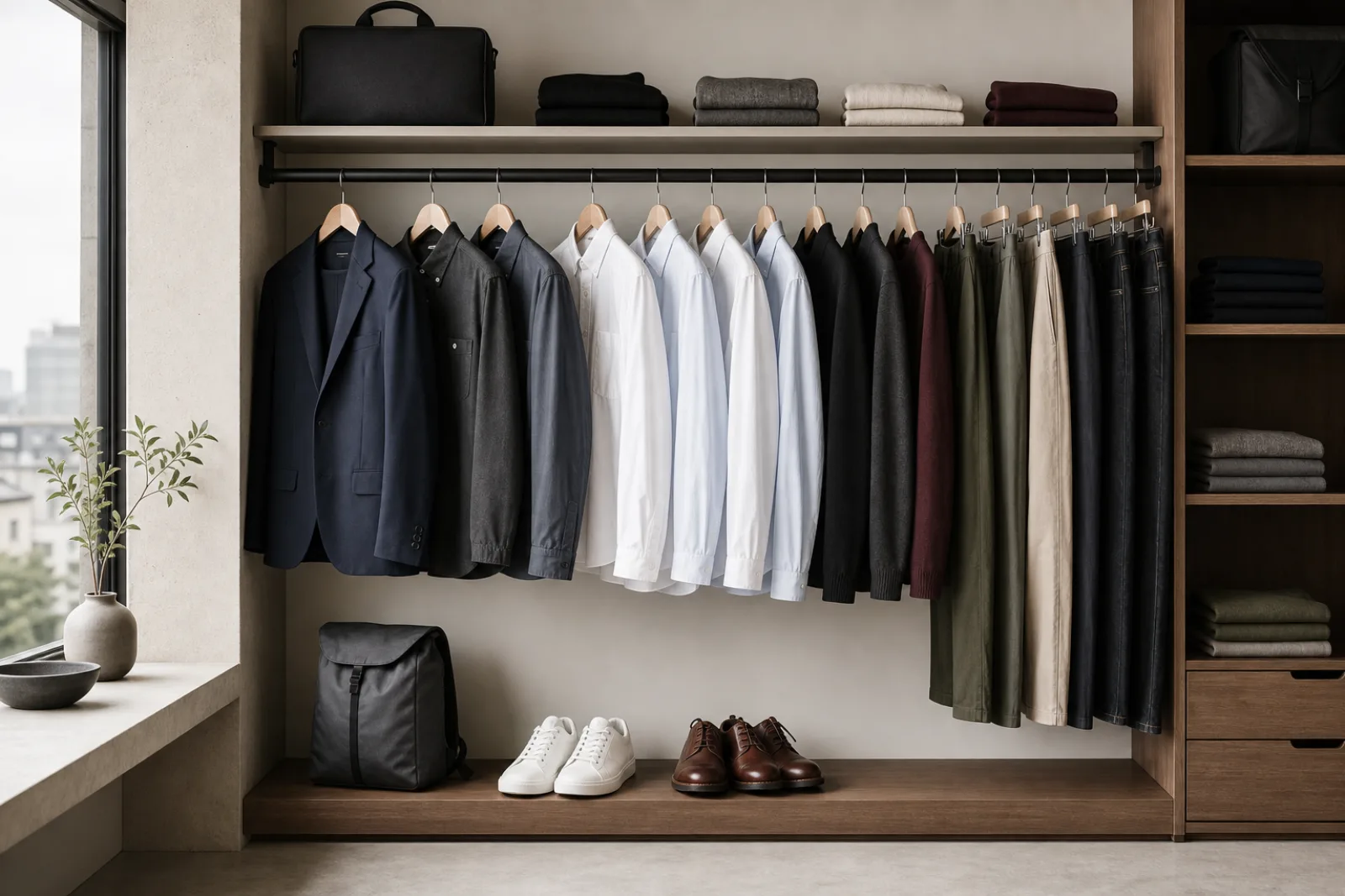 Modern menswear wardrobe with navy, charcoal, oxford, olive, denim, and leather pieces