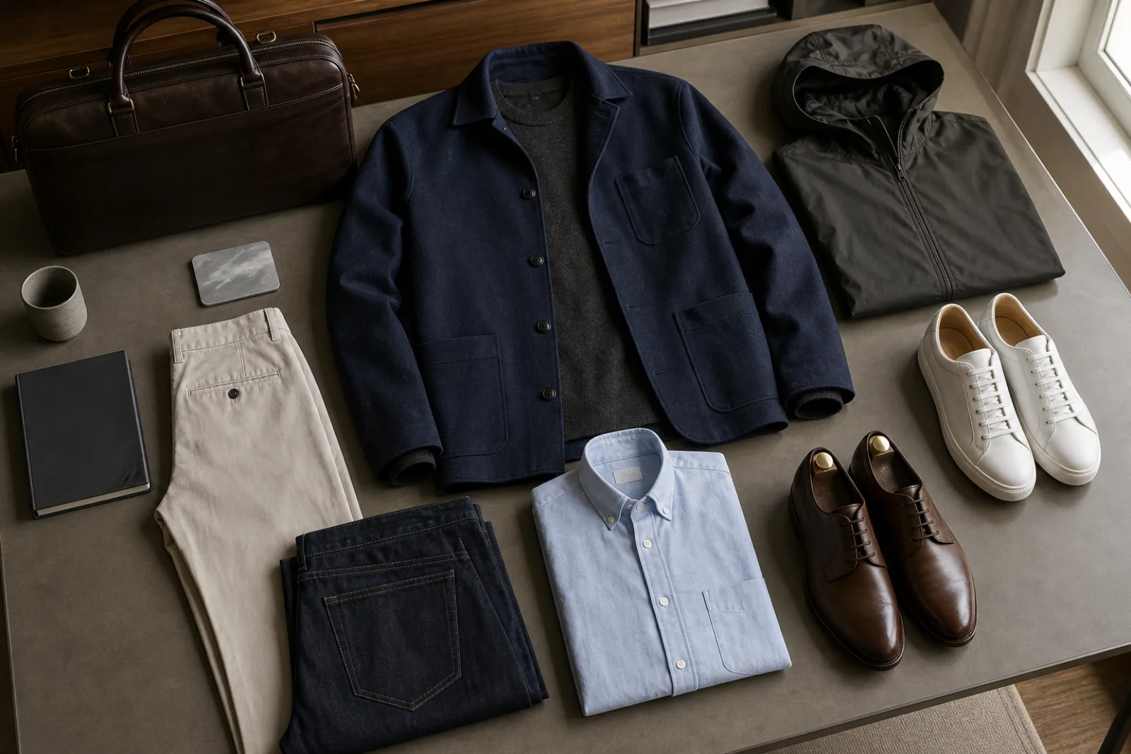 A modern workday outfit flat lay with navy overshirt, merino knit, shirting, chinos, denim, and leather shoes